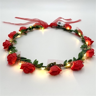LED blomsterkrans hårbånd med røde blomster og grønne blade